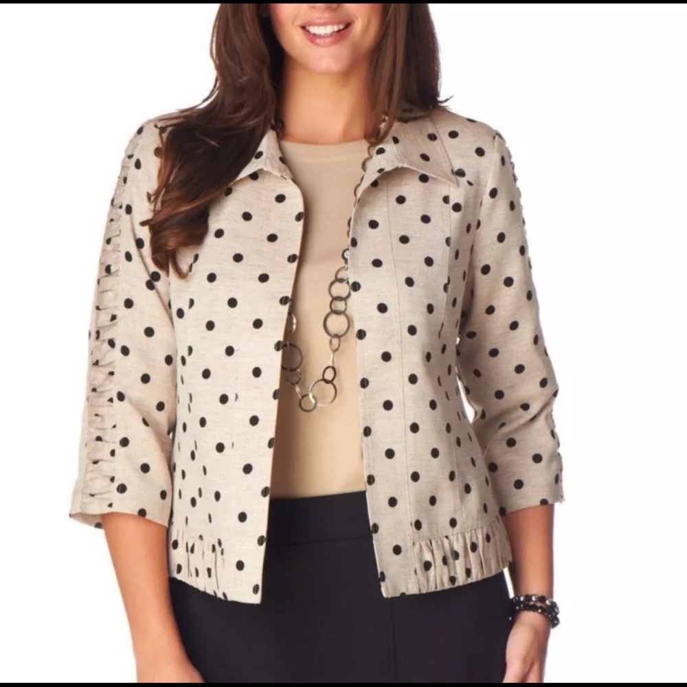 Christopher & Banks Tan Black Polka Dot Open Front Pleated Blazer Coat Jacket S